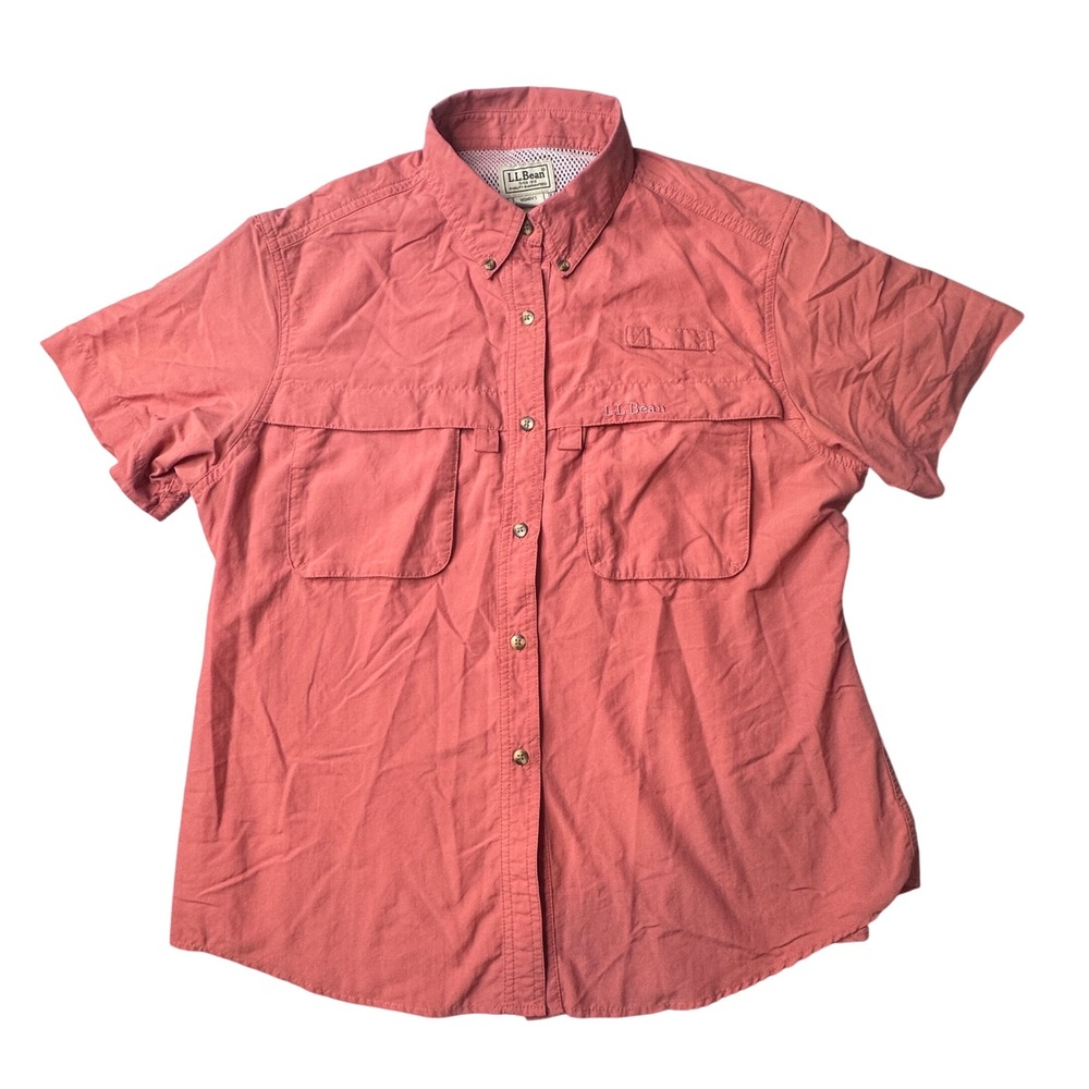 LL Bean Shirt Womens L Coral Pink Short Sleeve Outdoor Hiking Ventilated 37476
